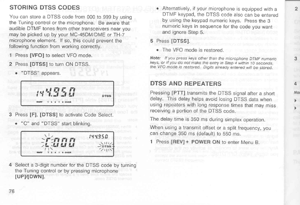 Storing dtss codes, Dtss and repeaters, Vstssfi /l | I\ vi 1, U u u | Kenwood TM-451A User Manual | Page 83 / 130