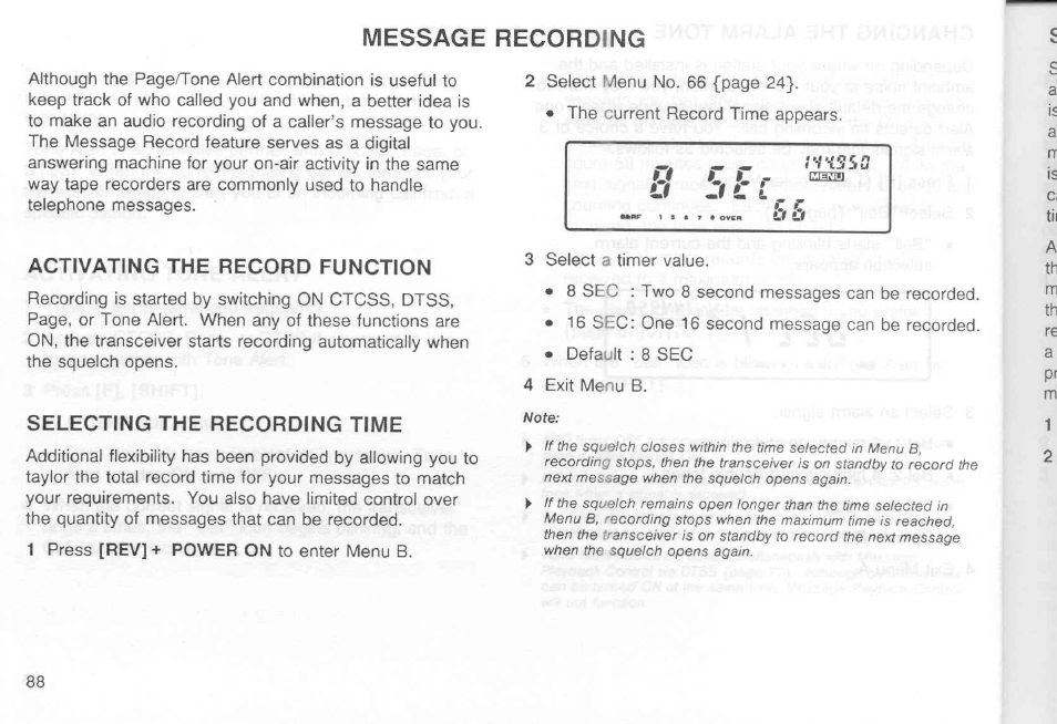 Activating the record function, Selecting the recording time, Message recording | Kenwood TM-451A User Manual | Page 95 / 130