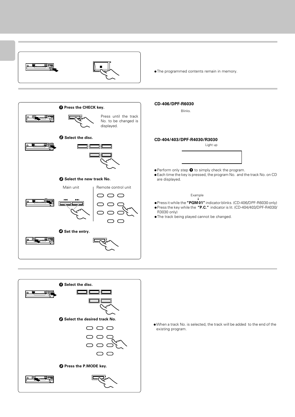 Select the disc, Select the new track no, Set the entry | Select the desired track no, Press the p.mode key, Main unit remote control unit | Kenwood DPF-R 3030 User Manual | Page 14 / 24