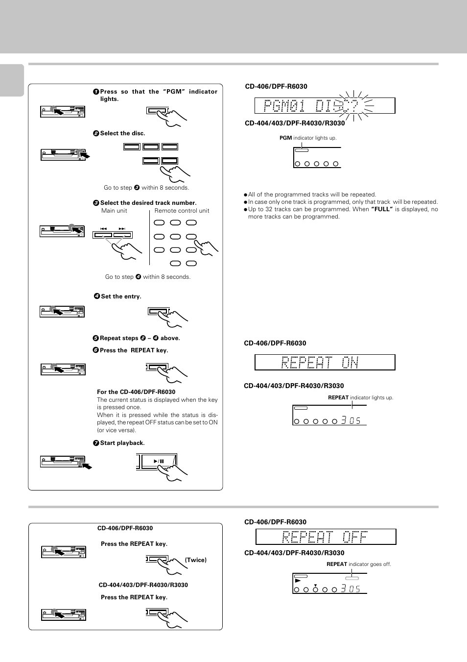 Repeated playback, Press the repeat key, Press so that the “pgm” indicator lights | Select the disc, Select the desired track number, Set the entry, Repeat steps 2 – 4 above | Kenwood DPF-R 3030 User Manual | Page 18 / 24