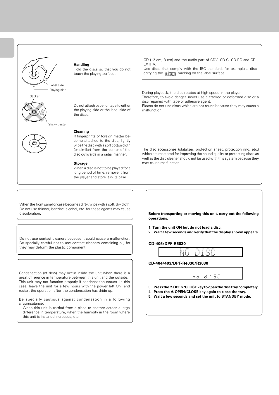 Maintenance, Never play a cracked or warped disc, Discs which can be played with this unit | Maintenance of the unit, Disc accessories, Caution on condensation | Kenwood DPF-R 3030 User Manual | Page 22 / 24