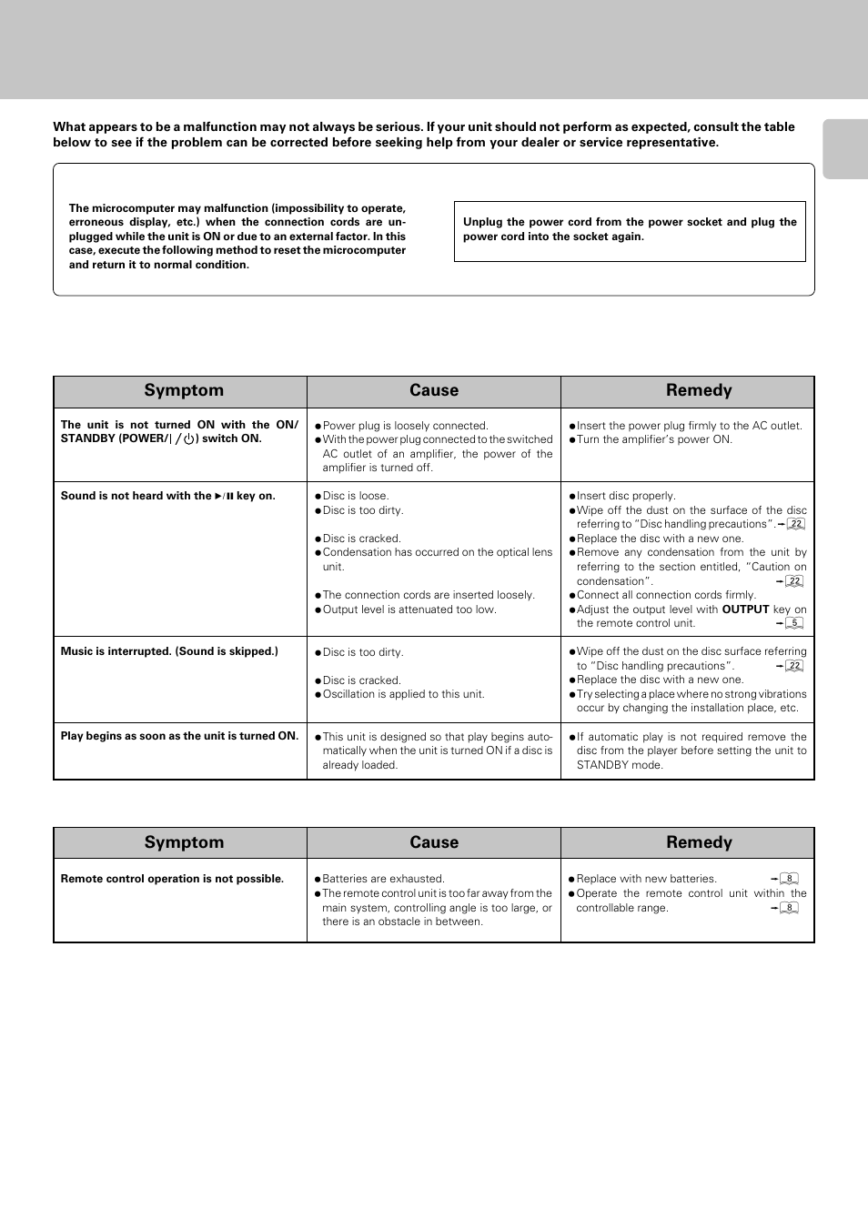 Operation to reset, Cd player unit remote control unit, Symptom cause remedy | Kenwood DPF-R 3030 User Manual | Page 23 / 24