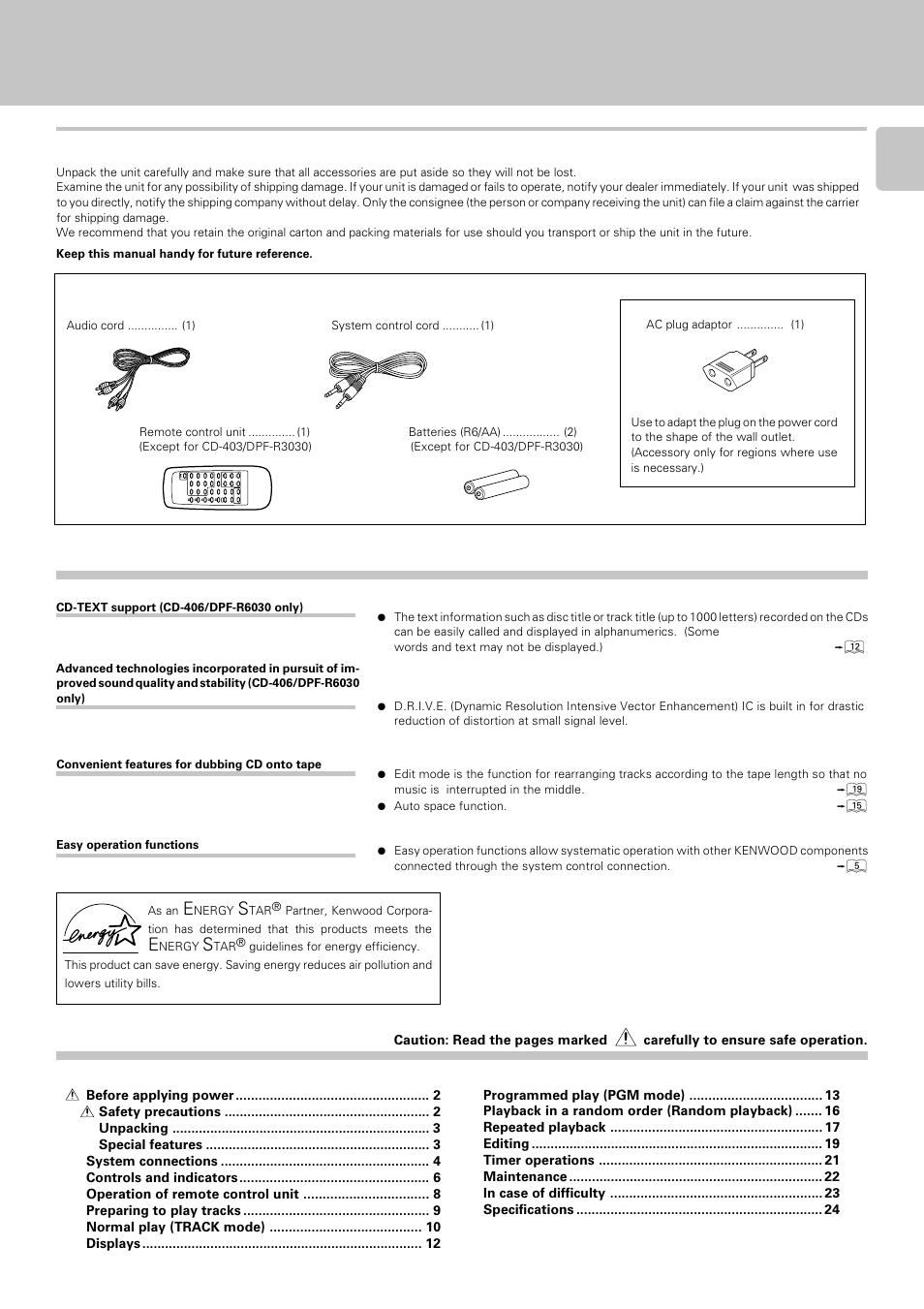 Special features contents, Before applying power, Accessories | Unpacking | Kenwood DPF-R 3030 User Manual | Page 3 / 24