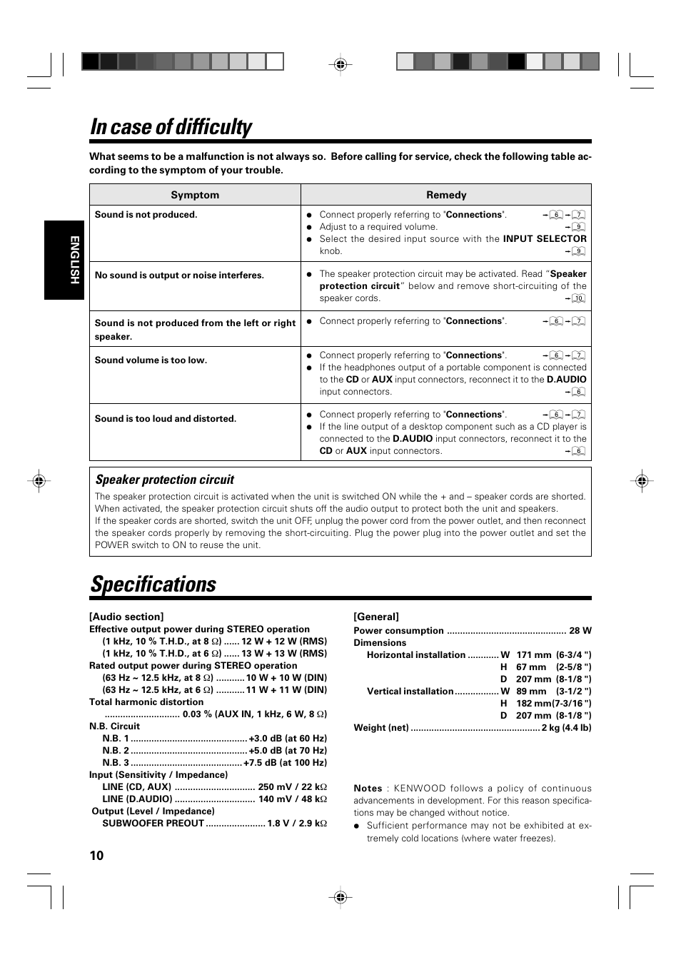 Specifications, Speaker protection circuit | Kenwood KA-S10 User Manual | Page 10 / 11