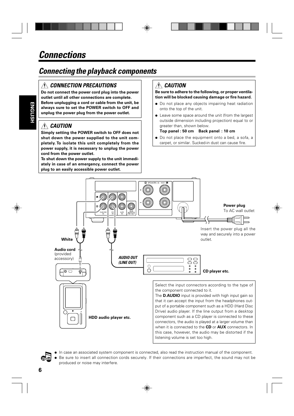 Connections, Connecting the playback components | Kenwood KA-S10 User Manual | Page 5 / 11