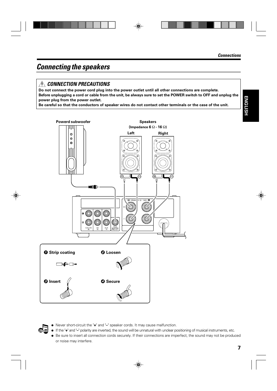 Connecting the speakers, Connection precautions | Kenwood KA-S10 User Manual | Page 6 / 11