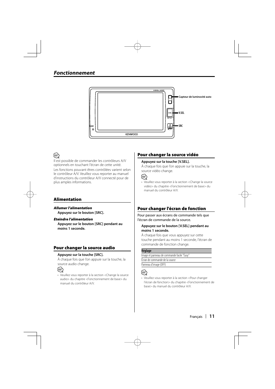 Fonctionnement | Kenwood CarPortal KOS-L432 User Manual | Page 11 / 68