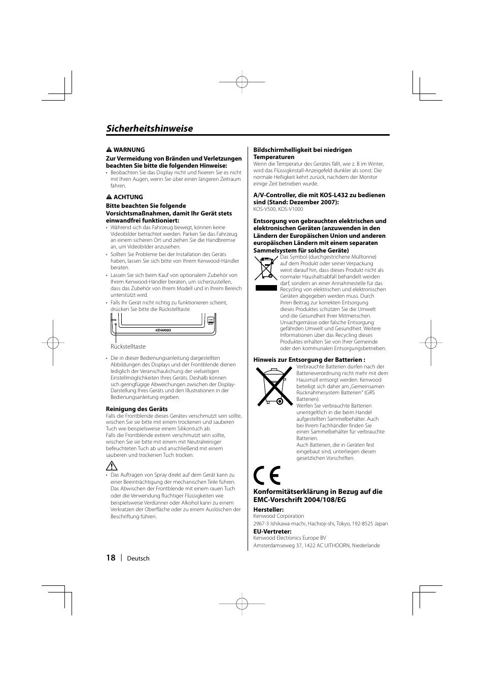 Sicherheitshinweise | Kenwood CarPortal KOS-L432 User Manual | Page 18 / 68