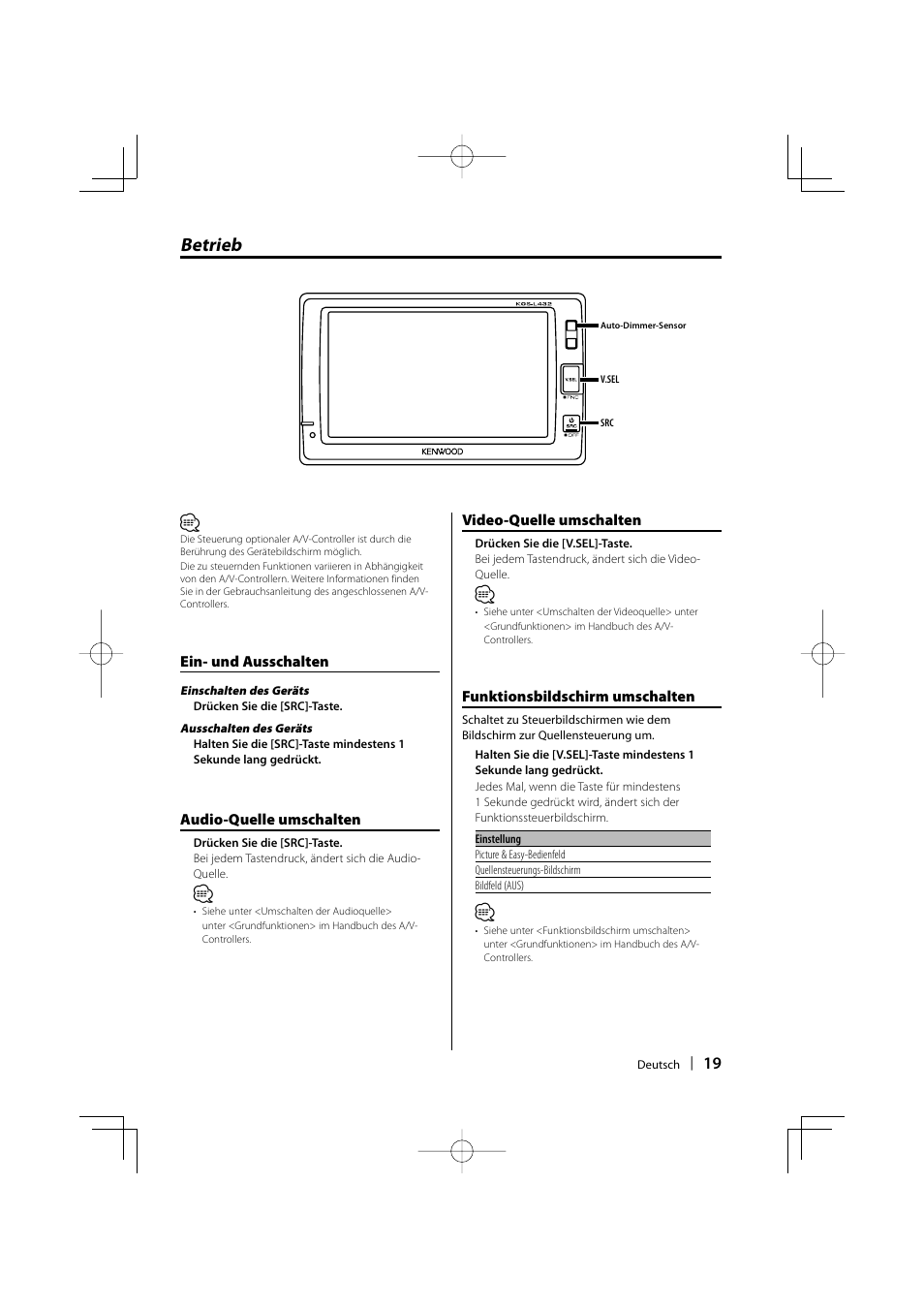 Betrieb | Kenwood CarPortal KOS-L432 User Manual | Page 19 / 68