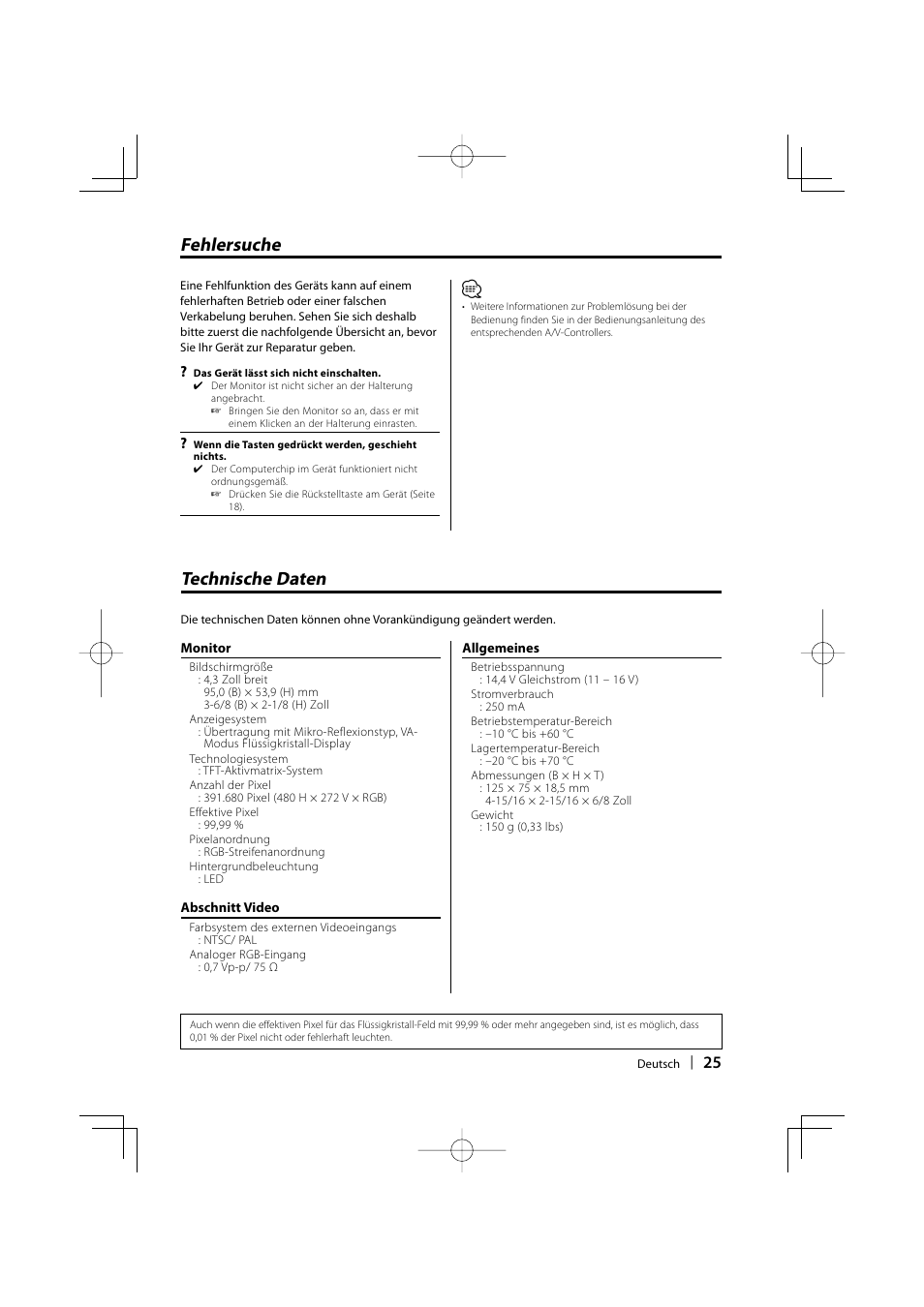 Fehlersuche, Technische daten | Kenwood CarPortal KOS-L432 User Manual | Page 25 / 68