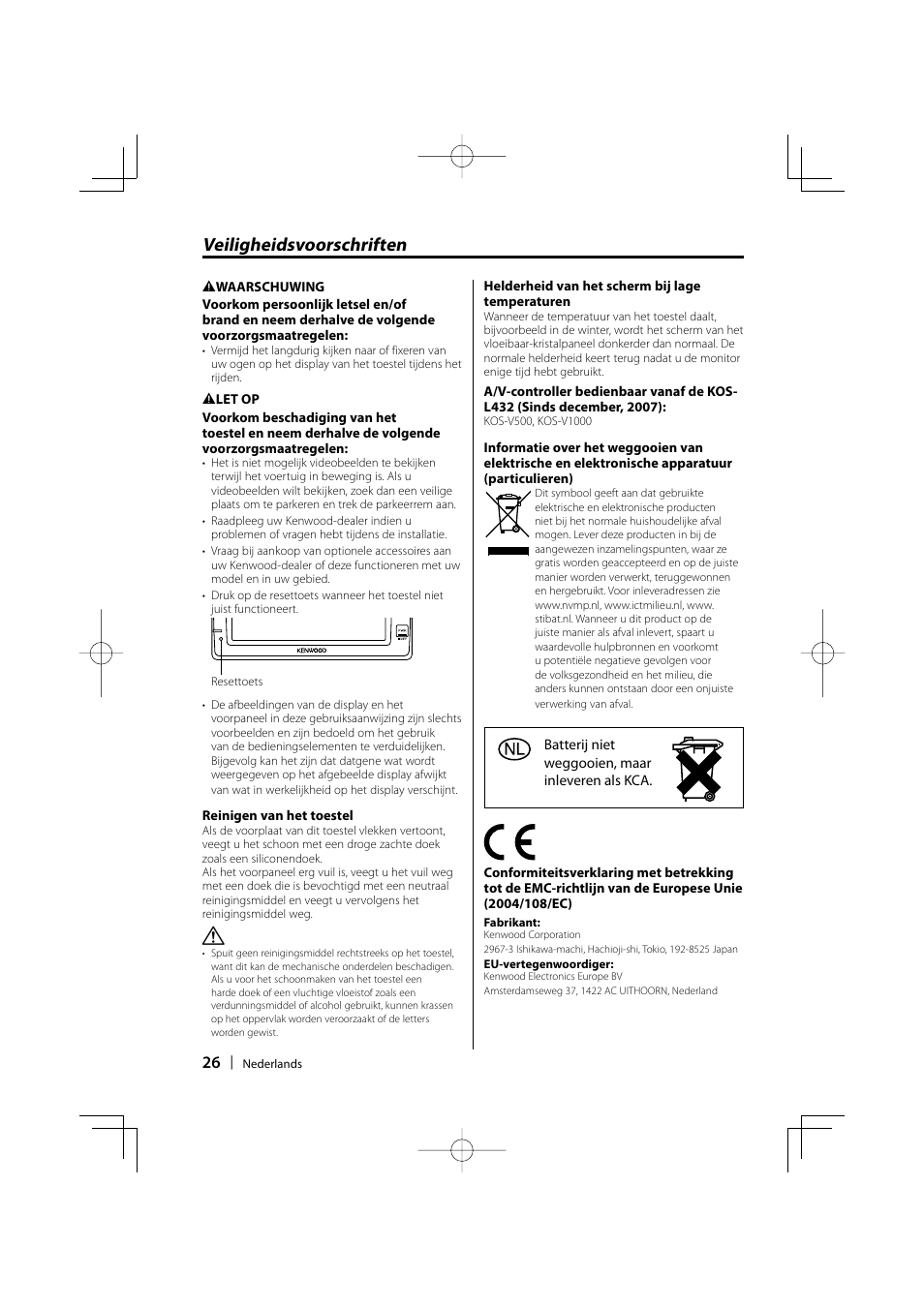 Veiligheidsvoorschriften | Kenwood CarPortal KOS-L432 User Manual | Page 26 / 68