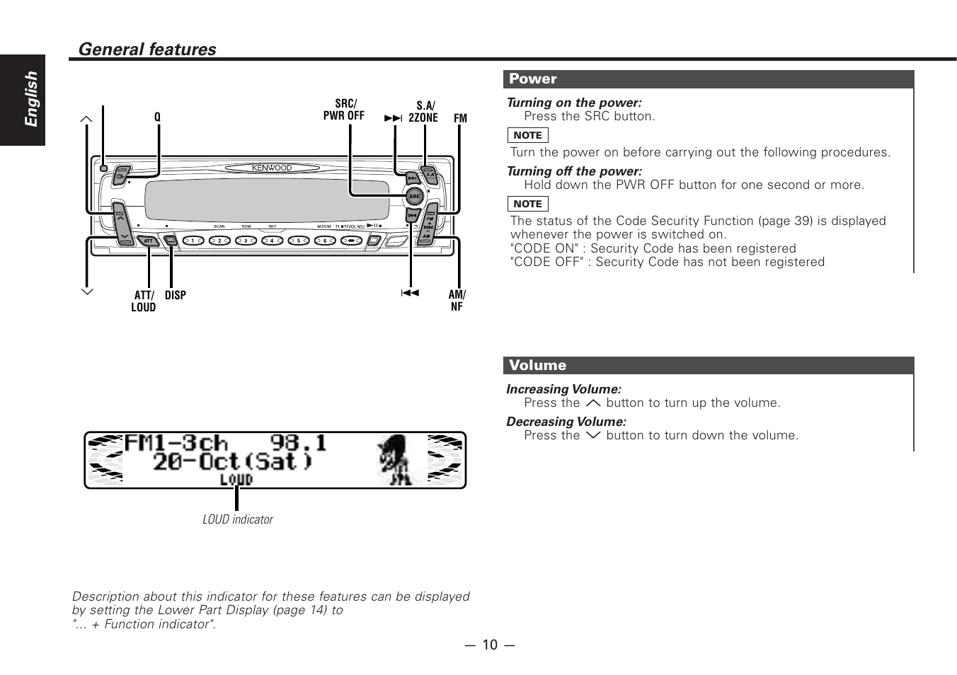 General features, English, Volume | Power | Kenwood Z828MP User Manual | Page 10 / 60