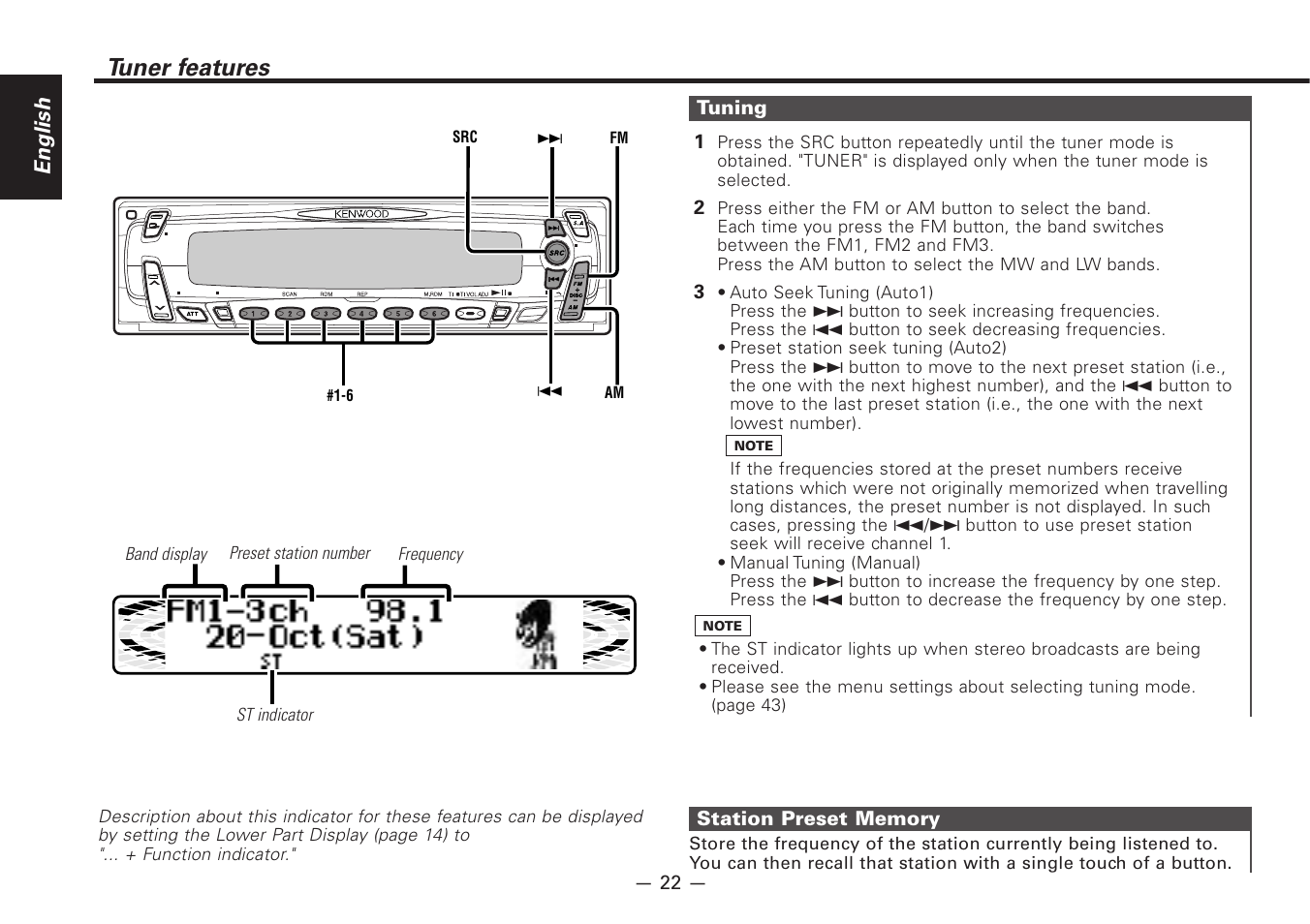 Tuner features, English | Kenwood Z828MP User Manual | Page 22 / 60