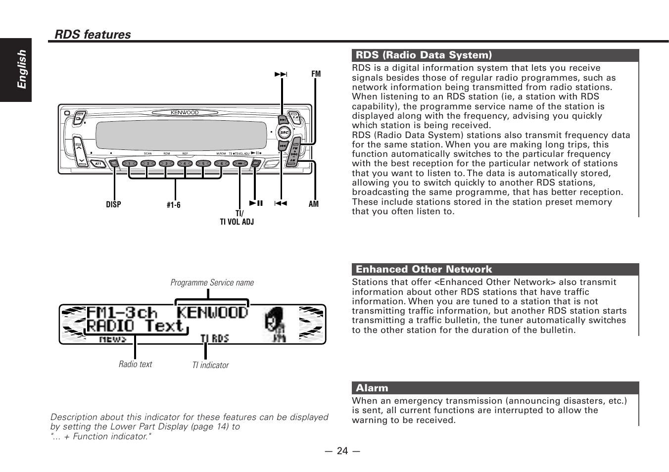 Rds features, English, Alarm | Enhanced other network, Rds (radio data system) | Kenwood Z828MP User Manual | Page 24 / 60