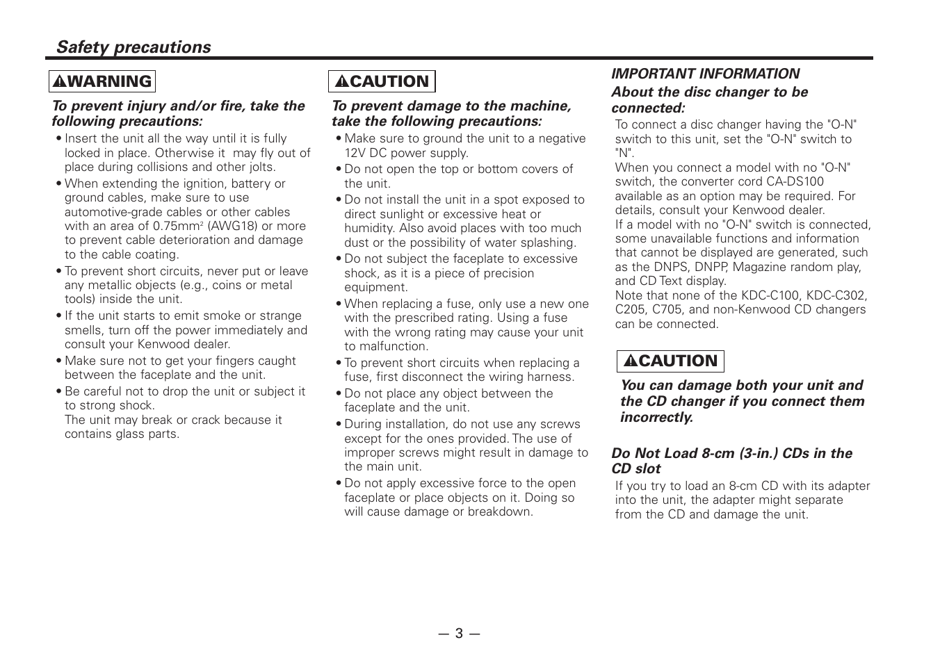 Safety precautions, 2 warning, 2 caution | Kenwood Z828MP User Manual | Page 3 / 60