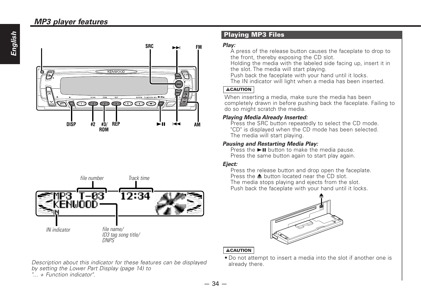 Mp3 player features, English, Playing mp3 files | Kenwood Z828MP User Manual | Page 34 / 60