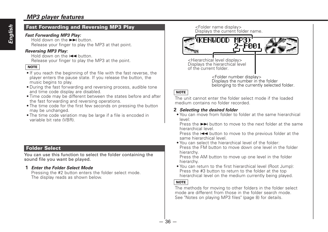 Mp3 player features, English | Kenwood Z828MP User Manual | Page 36 / 60