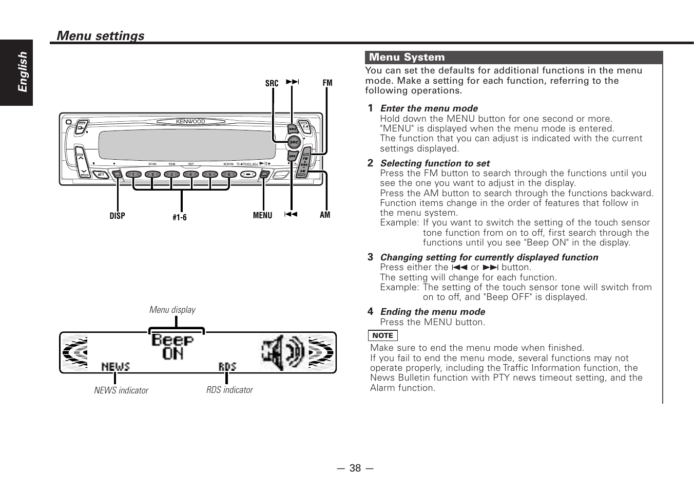 Menu settings, English, 43 2 1 menu system | Kenwood Z828MP User Manual | Page 38 / 60