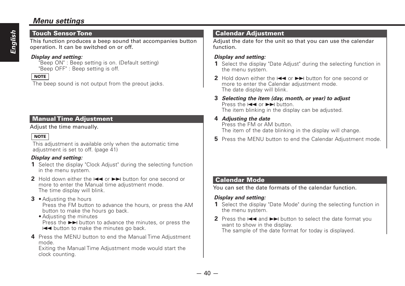 Menu settings | Kenwood Z828MP User Manual | Page 40 / 60