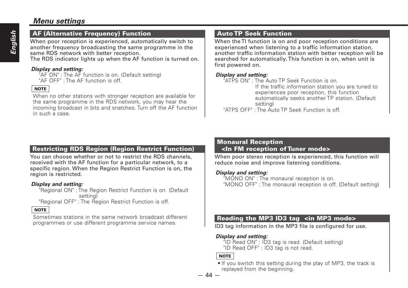 Menu settings | Kenwood Z828MP User Manual | Page 44 / 60