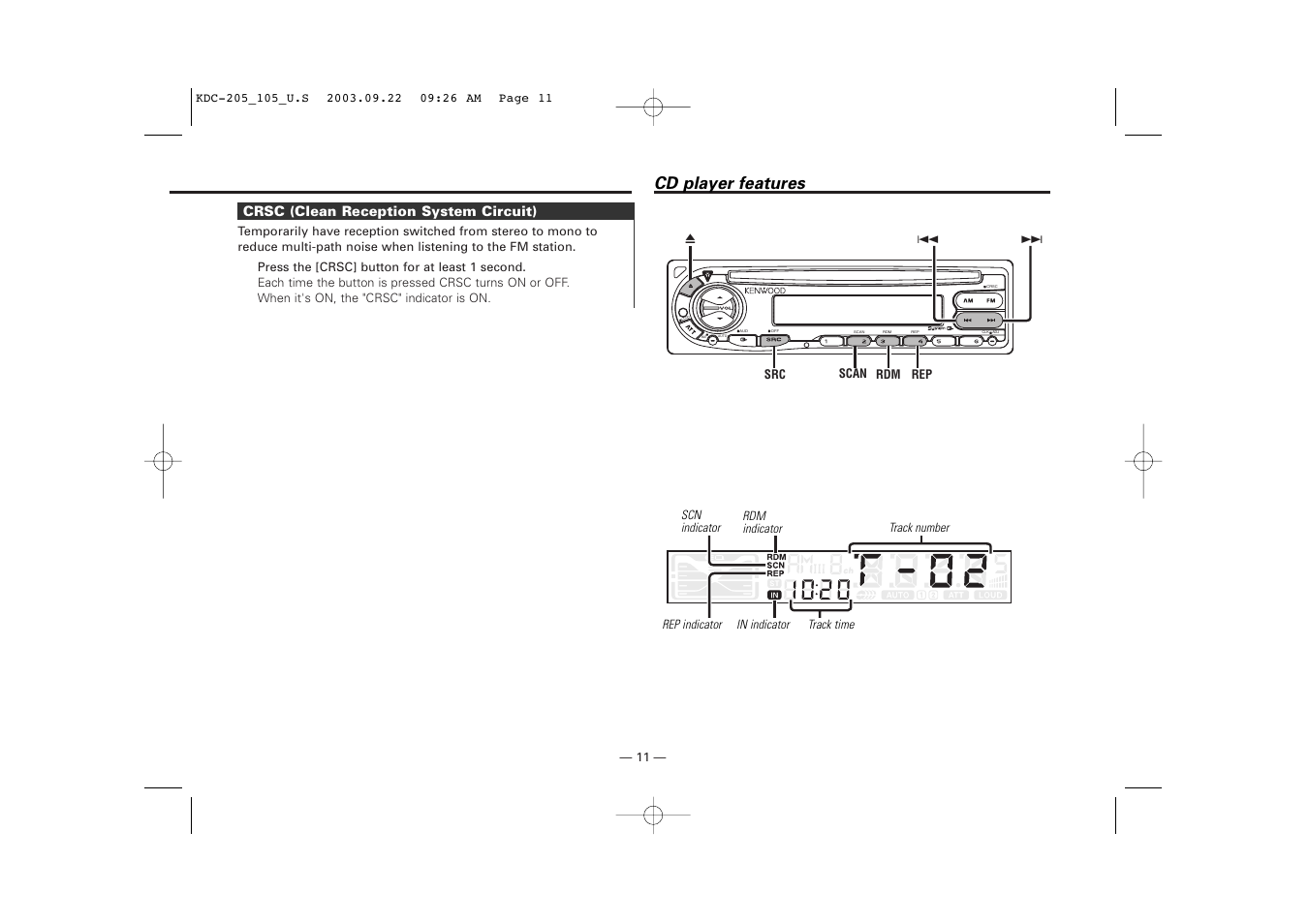 Crsc (clean reception system circuit), Cd player features | Kenwood KDC-205 User Manual | Page 11 / 76