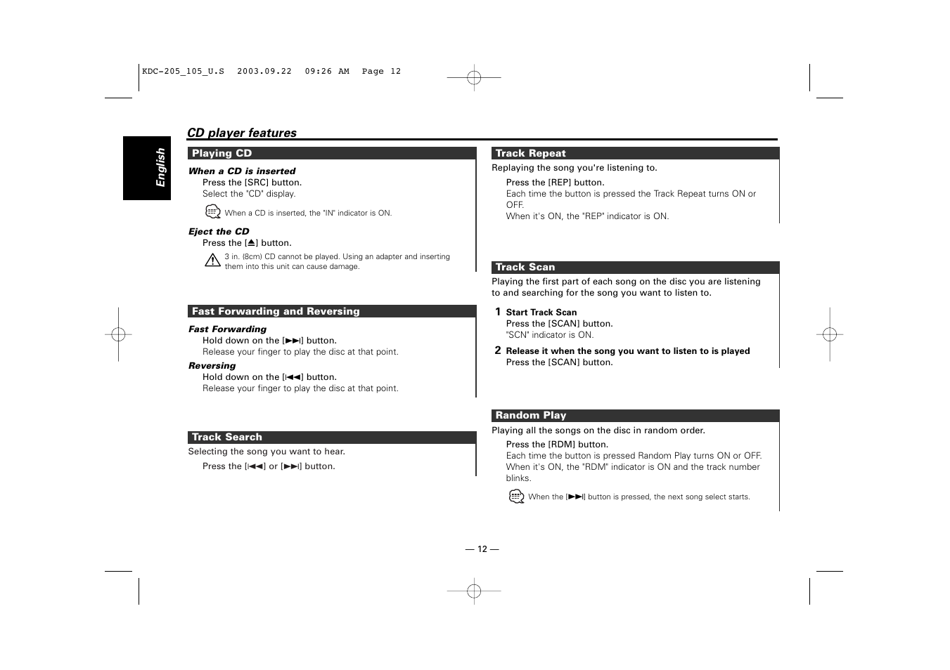 Playing cd, Fast forwarding and reversing, Track search | Track repeat, Track scan, Random play | Kenwood KDC-205 User Manual | Page 12 / 76