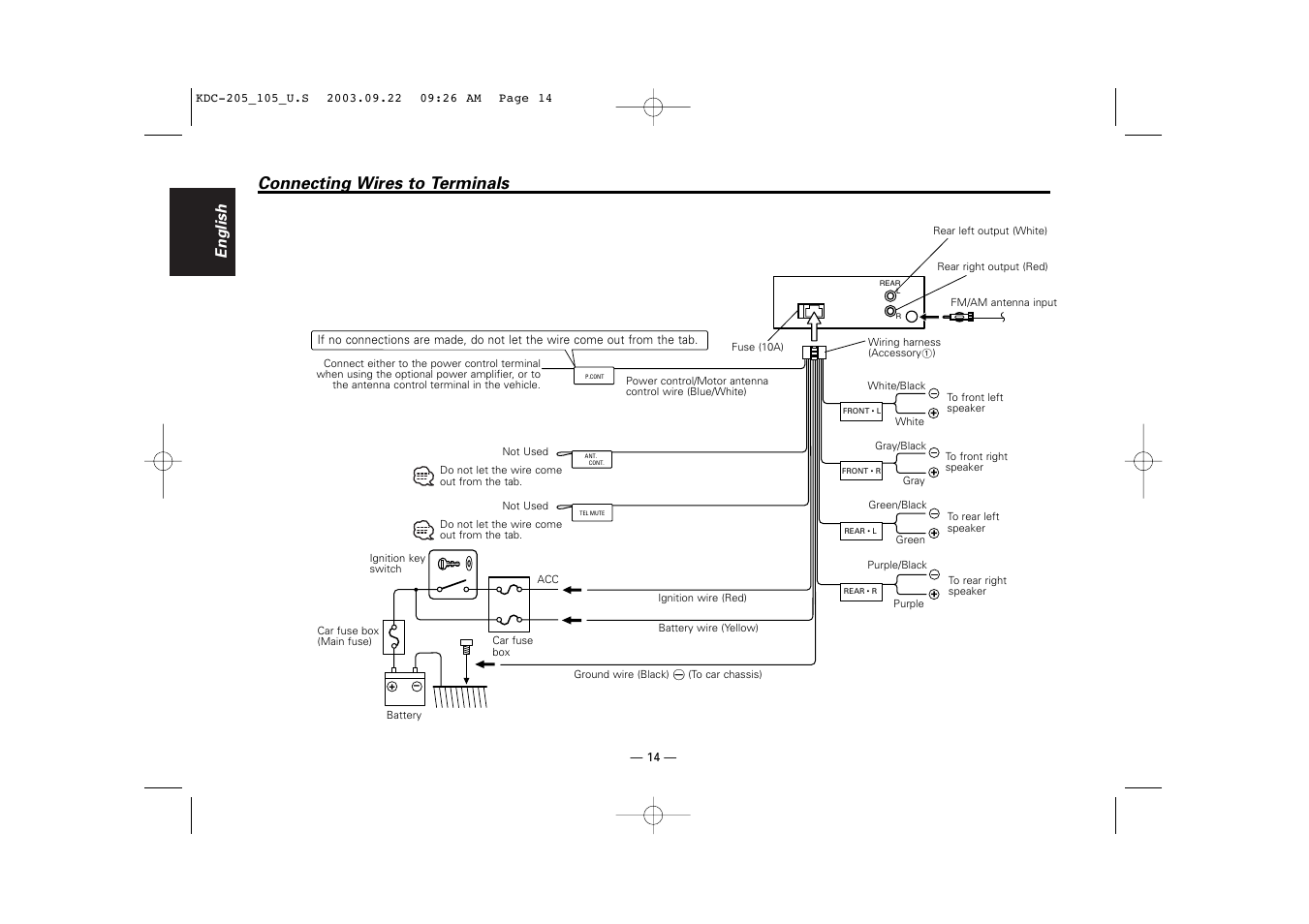 Connecting wires to terminals, English | Kenwood KDC-205 User Manual | Page 14 / 76