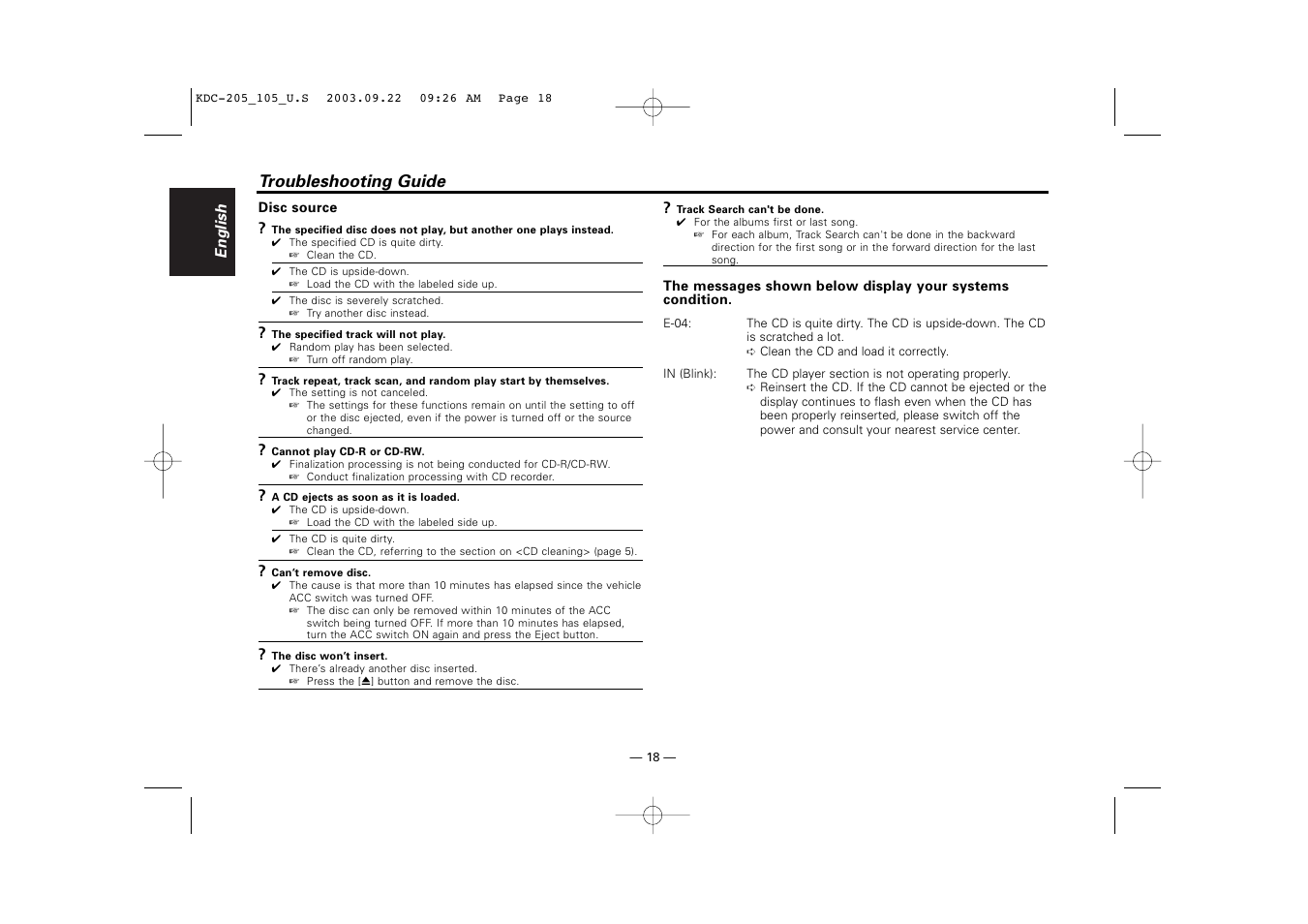 Troubleshooting guide | Kenwood KDC-205 User Manual | Page 18 / 76