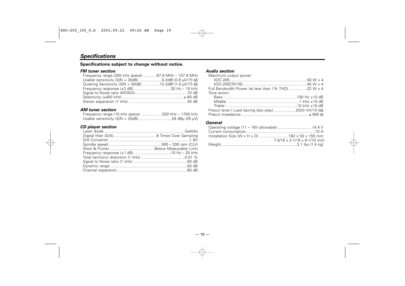 Specifications | Kenwood KDC-205 User Manual | Page 19 / 76