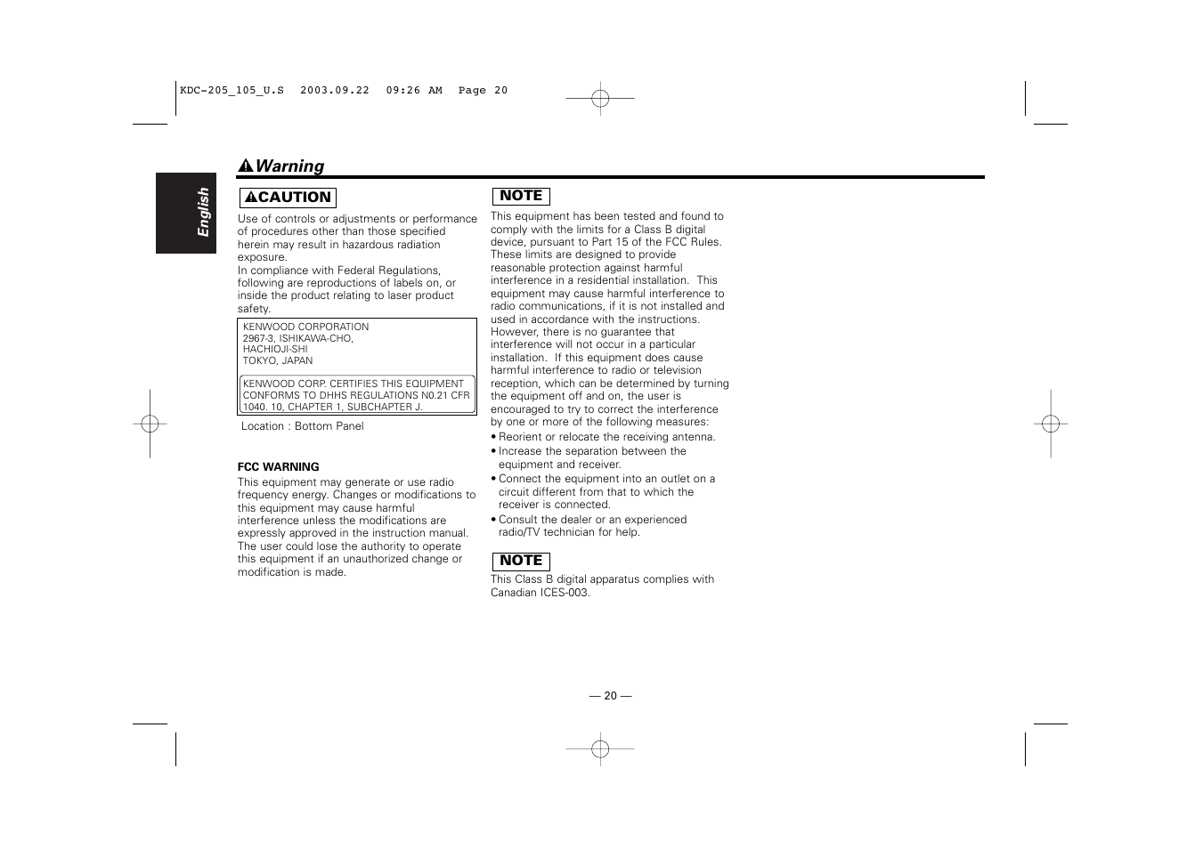 Warning, 2 warning | Kenwood KDC-205 User Manual | Page 20 / 76