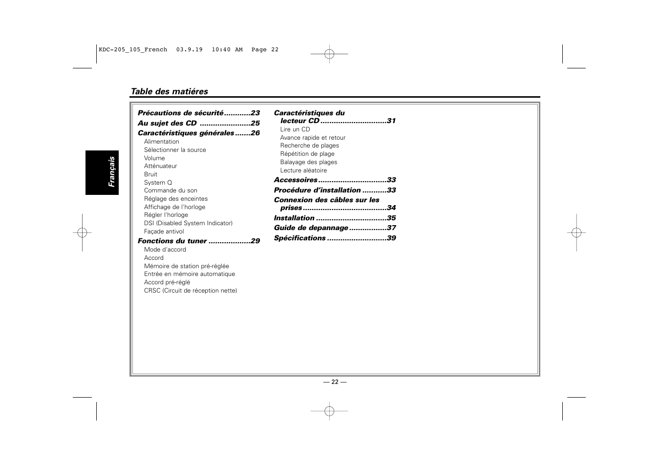 Francais, Table des matieres | Kenwood KDC-205 User Manual | Page 22 / 76