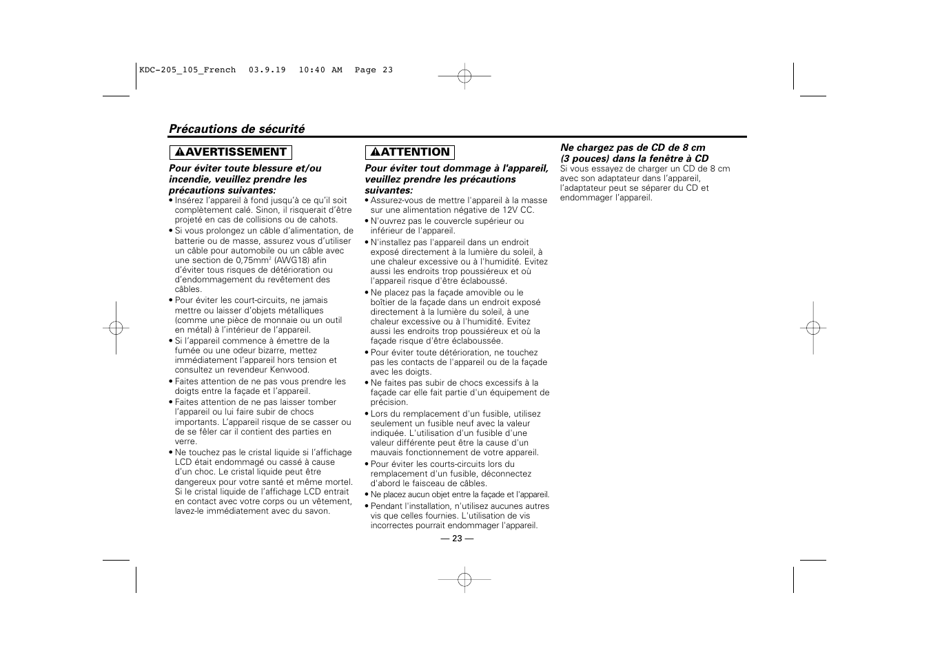 Precautions de securite | Kenwood KDC-205 User Manual | Page 23 / 76