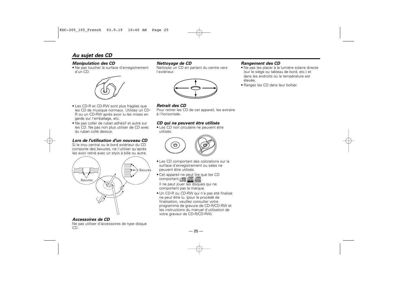 Au sujet des cd | Kenwood KDC-205 User Manual | Page 25 / 76