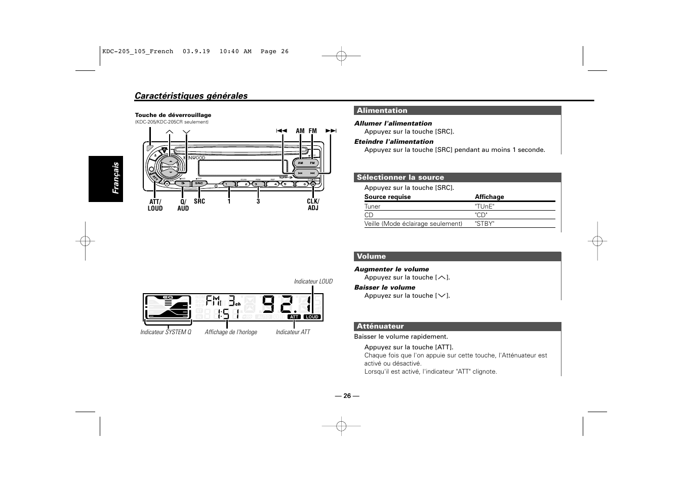 Caracteristiques generales, Alimentation, Selectionner la source | Volume, Attenuateur, Caractéristiques générales | Kenwood KDC-205 User Manual | Page 26 / 76