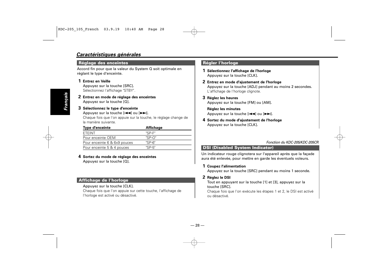 Reglage des enceintes, Affichage de l'horloge, Regler l'horloge | Dsi (disabled system indicator) | Kenwood KDC-205 User Manual | Page 28 / 76