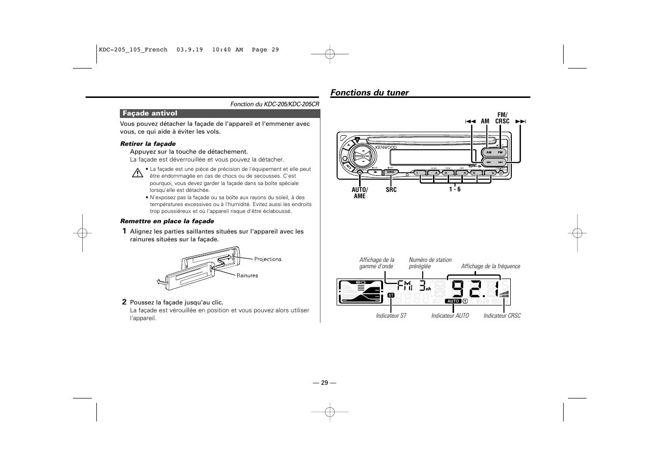 Facade antivol, Fonctions du tuner | Kenwood KDC-205 User Manual | Page 29 / 76