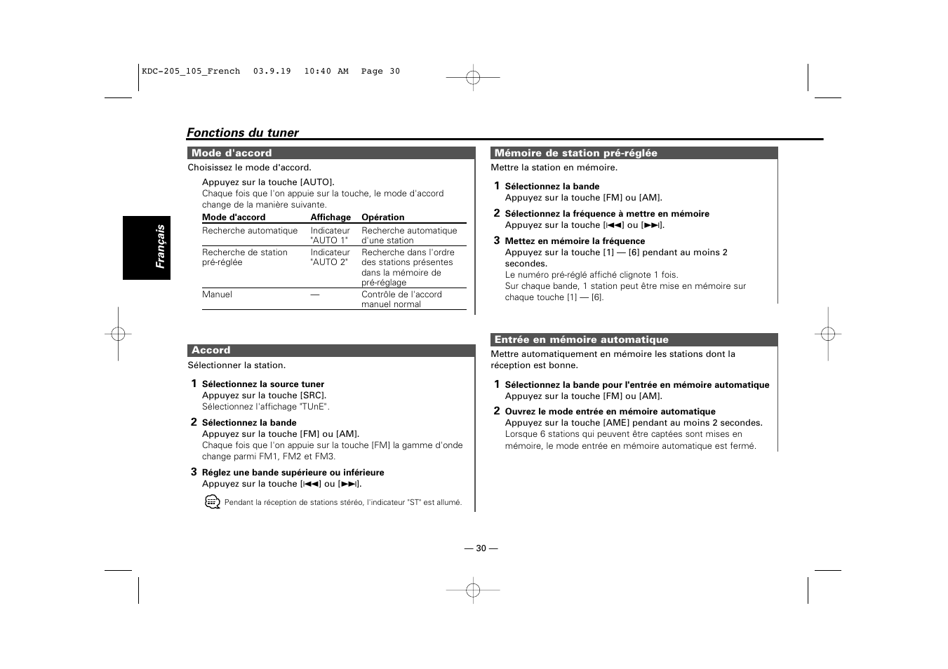 Mode d'accord, Accord, Memoire de station pre-reglee | Entree en memoire automatique | Kenwood KDC-205 User Manual | Page 30 / 76