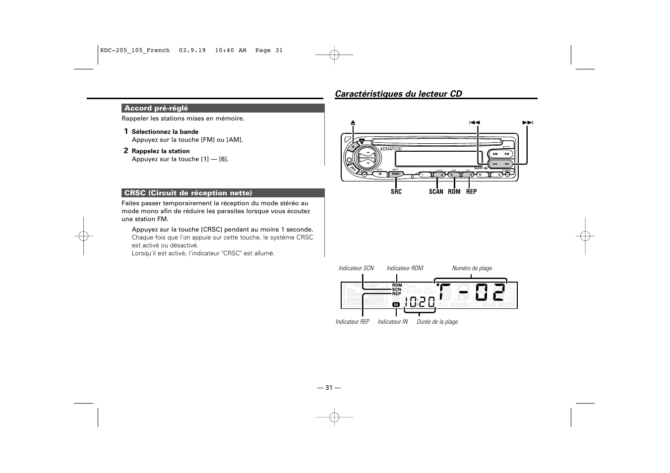 Accord pre-regle, Crsc (circuit de reception nette), Caracteristiques du lecteur cd | Caractéristiques du lecteur cd | Kenwood KDC-205 User Manual | Page 31 / 76