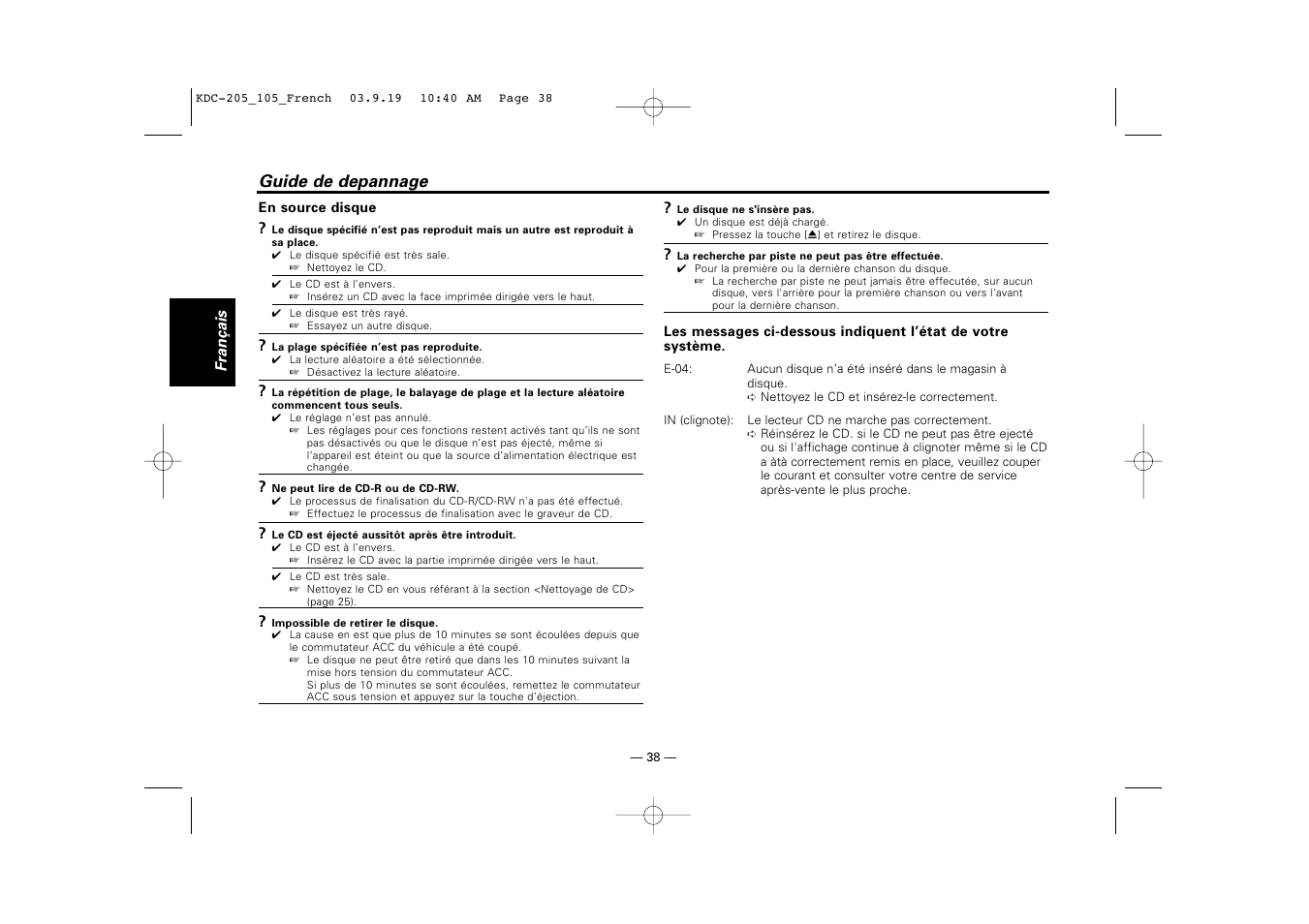 Guide de depannage | Kenwood KDC-205 User Manual | Page 38 / 76