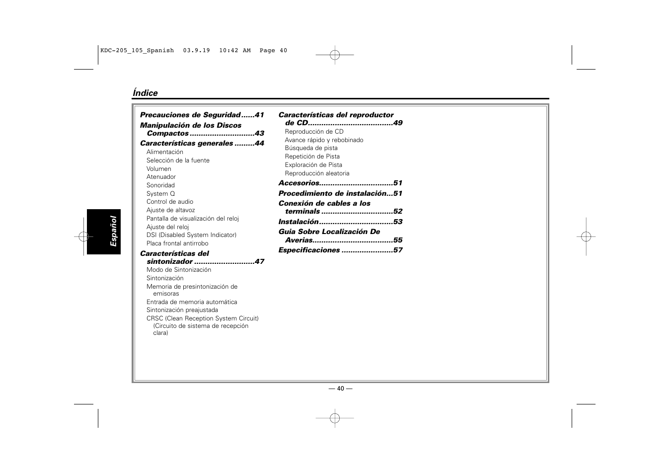 Espanol, Indice | Kenwood KDC-205 User Manual | Page 40 / 76