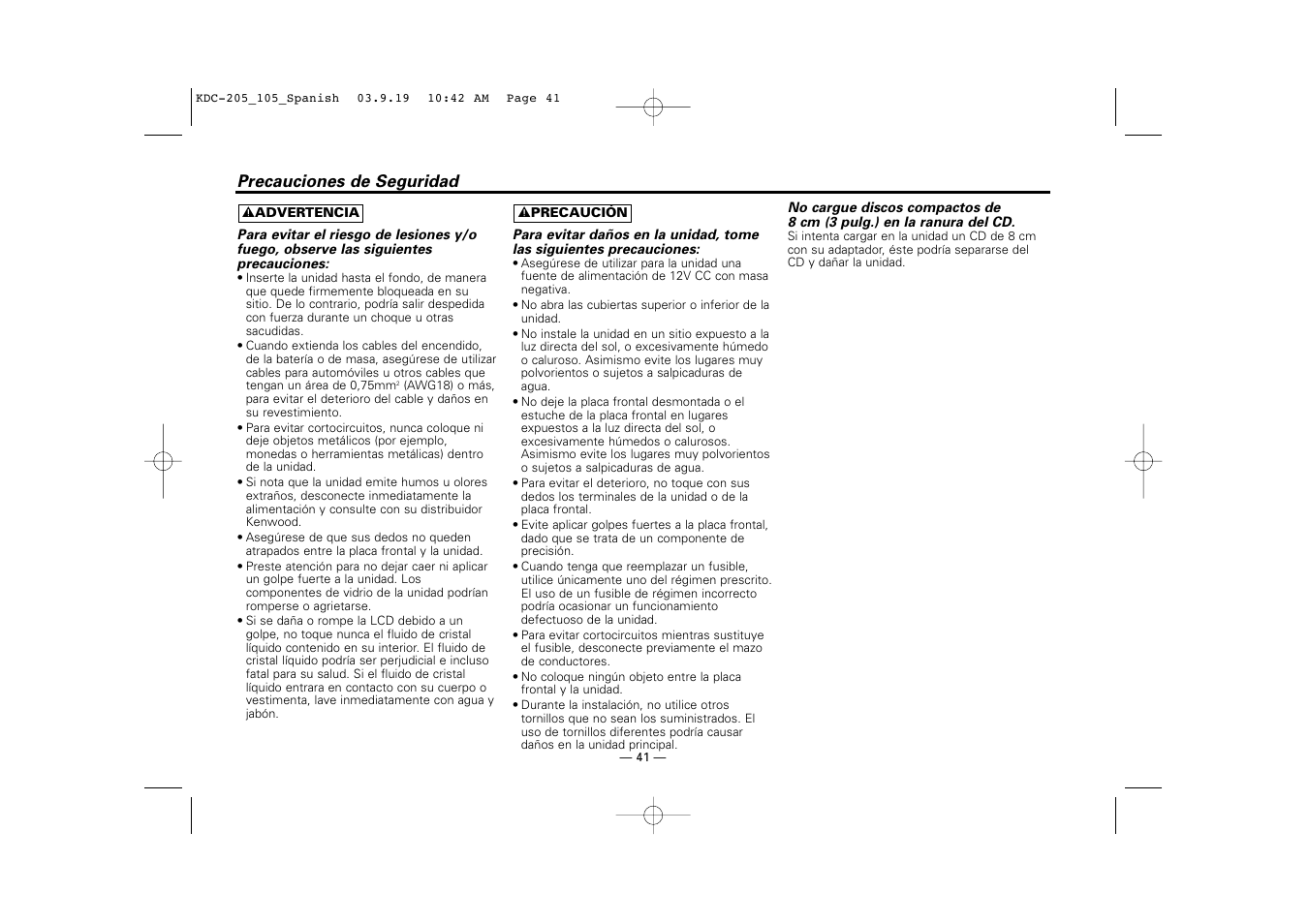 Precauciones de seguridad | Kenwood KDC-205 User Manual | Page 41 / 76