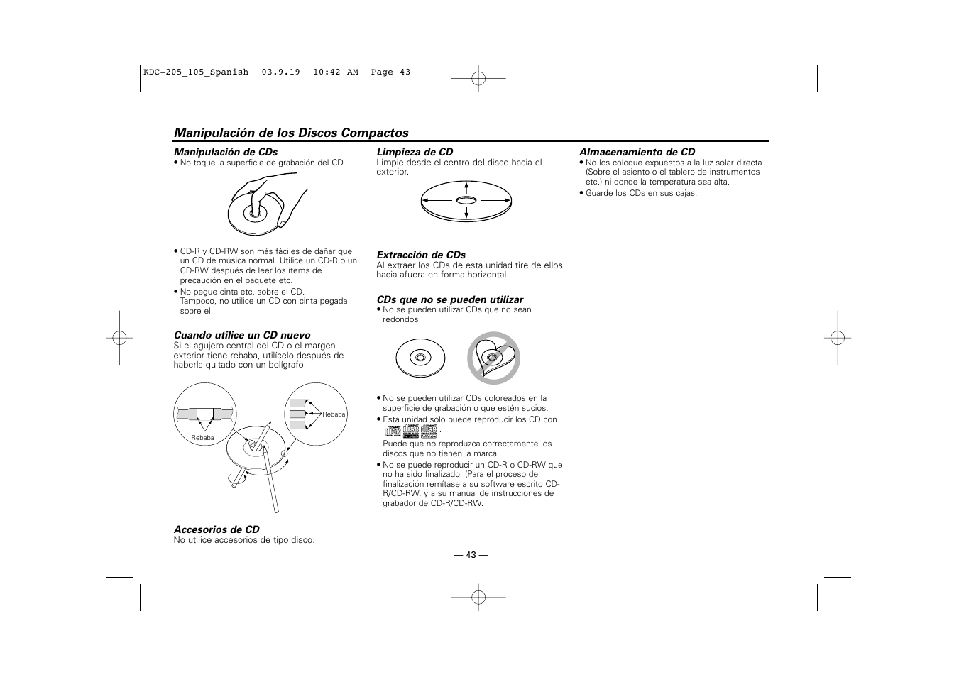 Manipulacion de los discos compactos | Kenwood KDC-205 User Manual | Page 43 / 76