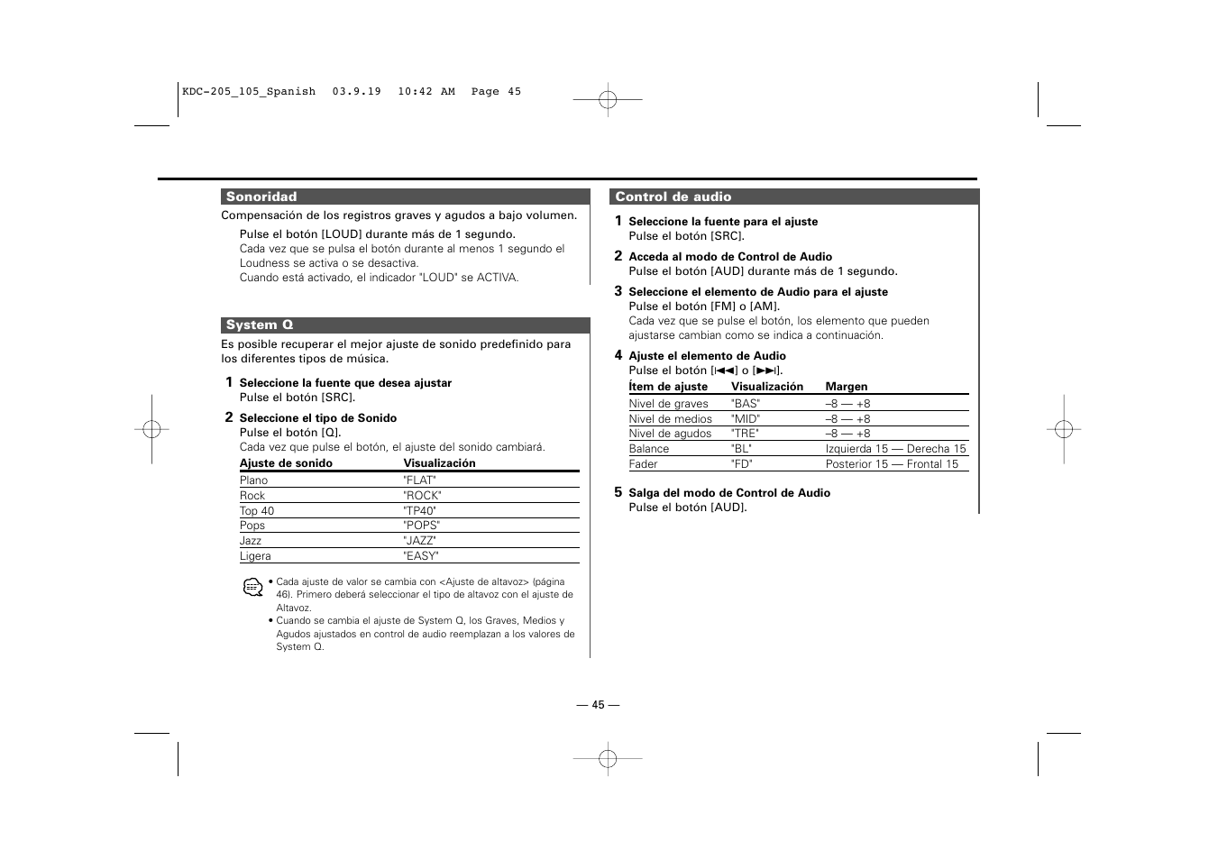 Sonoridad, System q, Control de audio | Kenwood KDC-205 User Manual | Page 45 / 76