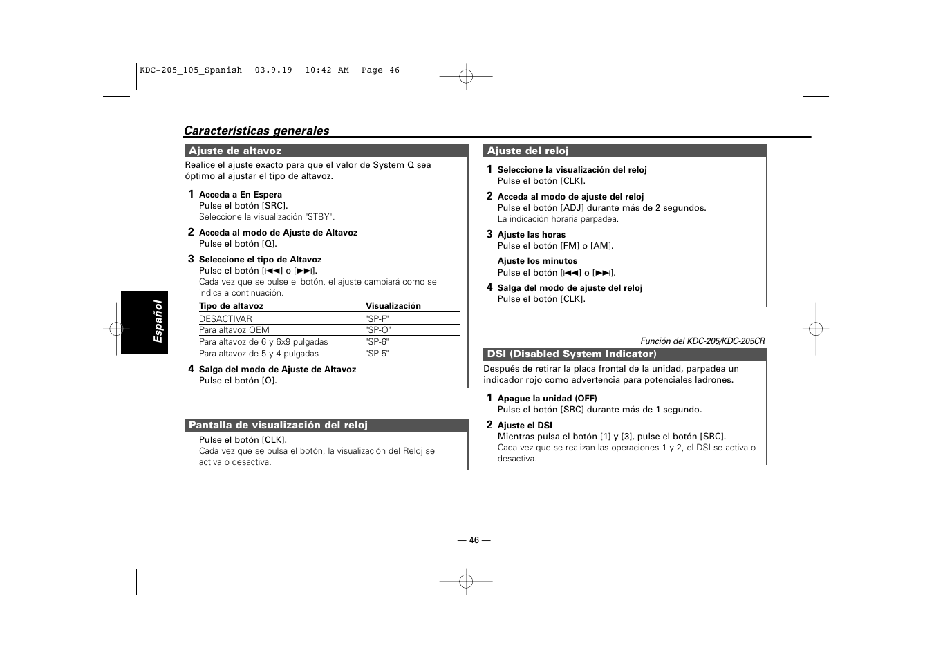 Ajuste de altavoz, Pantalla de visualizacion del reloj, Ajuste del reloj | Dsi (disabled system indicator) | Kenwood KDC-205 User Manual | Page 46 / 76