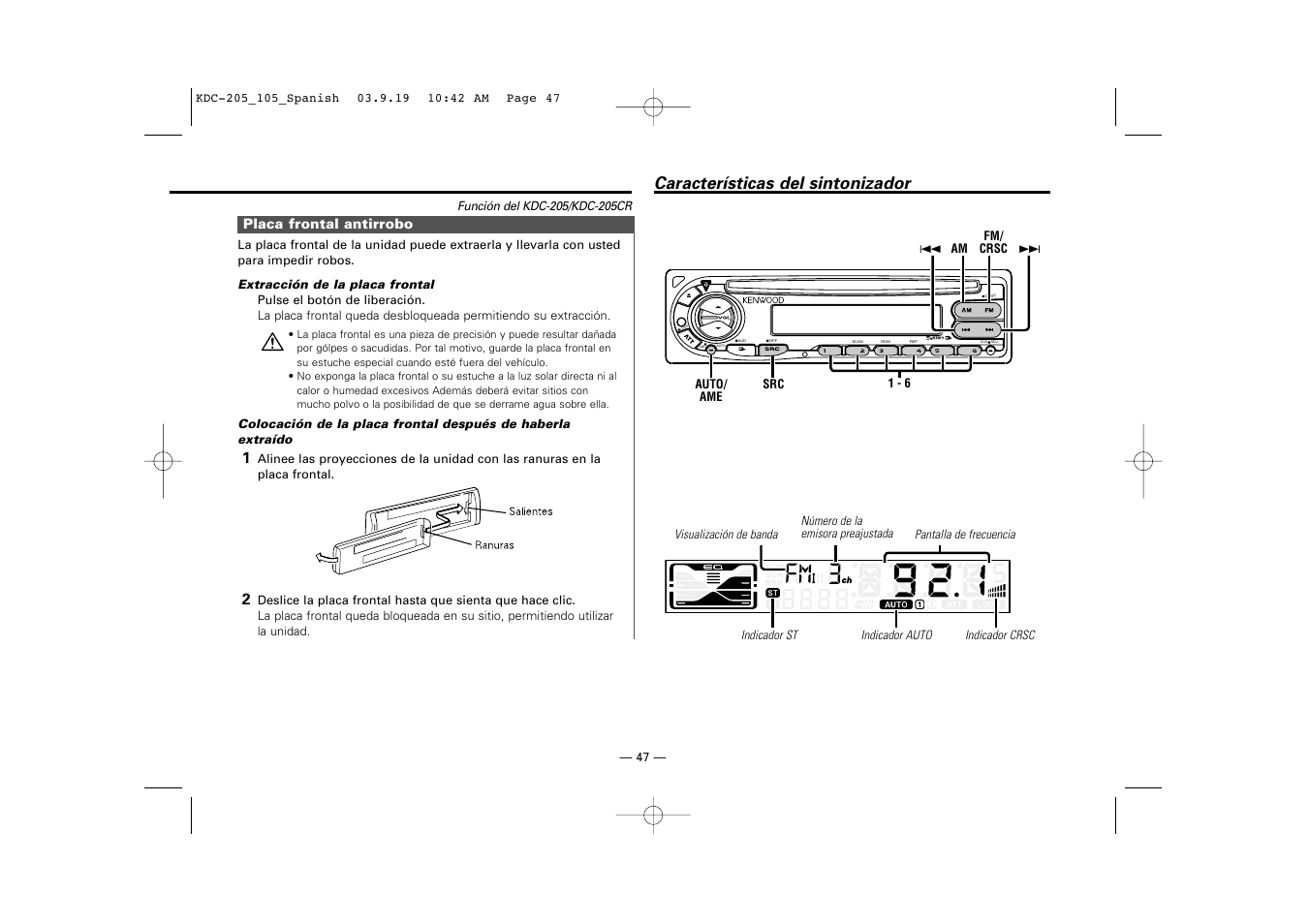 Placa frontal antirrobo, Caracteristicas del sintonizador, Características del sintonizador | Kenwood KDC-205 User Manual | Page 47 / 76