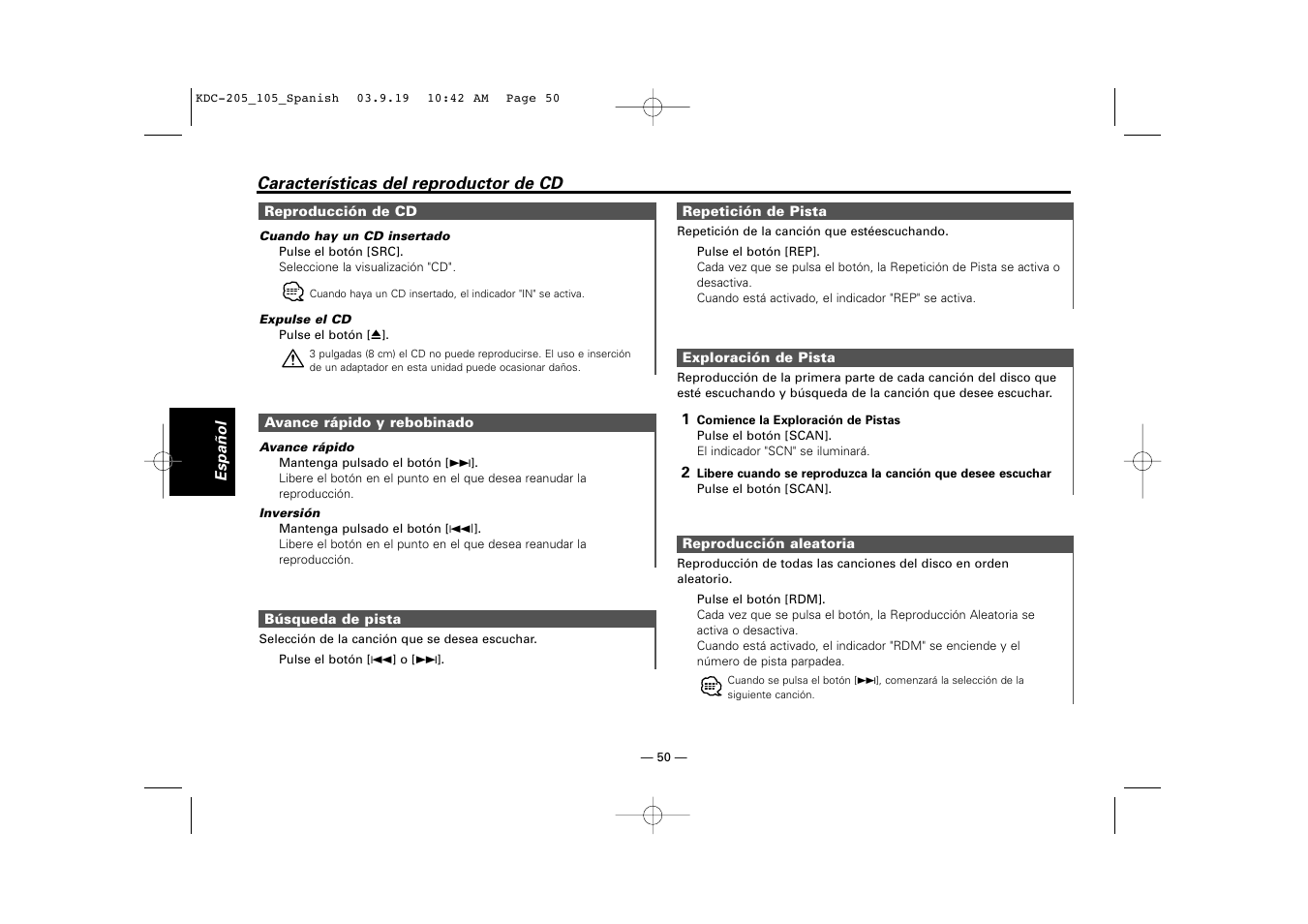 Reproduccion de cd, Avance rapido y rebobinado, Busqueda de pista | Repeticion de pista, Exploracion de pista, Reproduccion aleatoria | Kenwood KDC-205 User Manual | Page 50 / 76