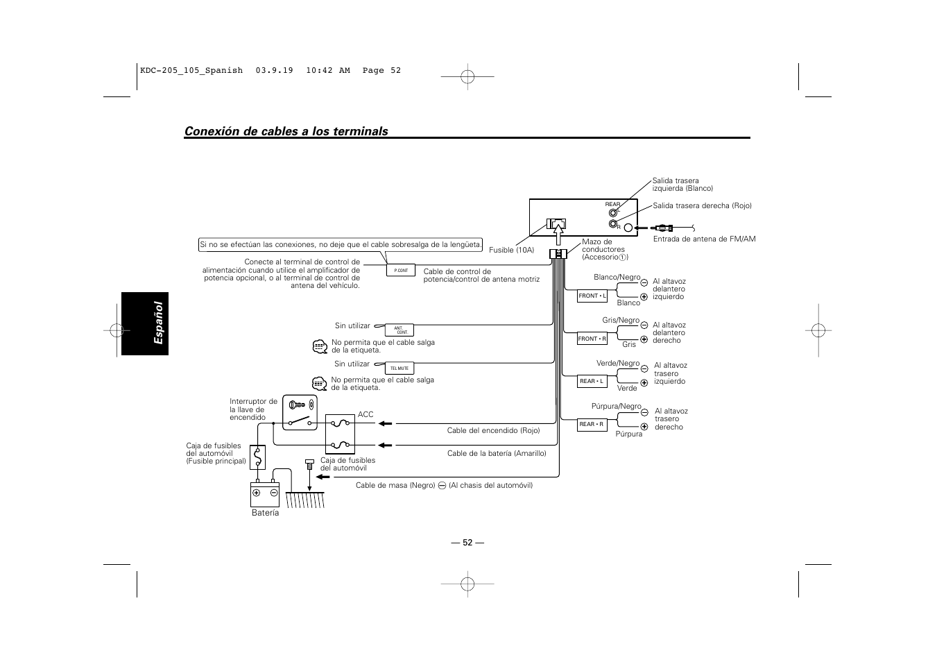 Conexion de cables a los terminals, Conexión de cables a los terminals, Español | Kenwood KDC-205 User Manual | Page 52 / 76