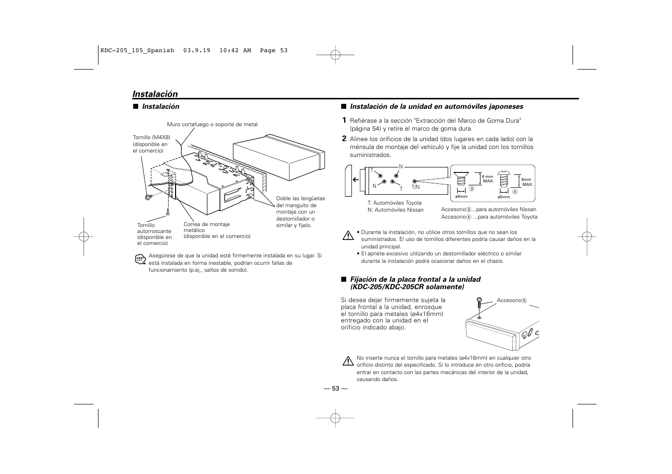 Instalacion, Instalación | Kenwood KDC-205 User Manual | Page 53 / 76