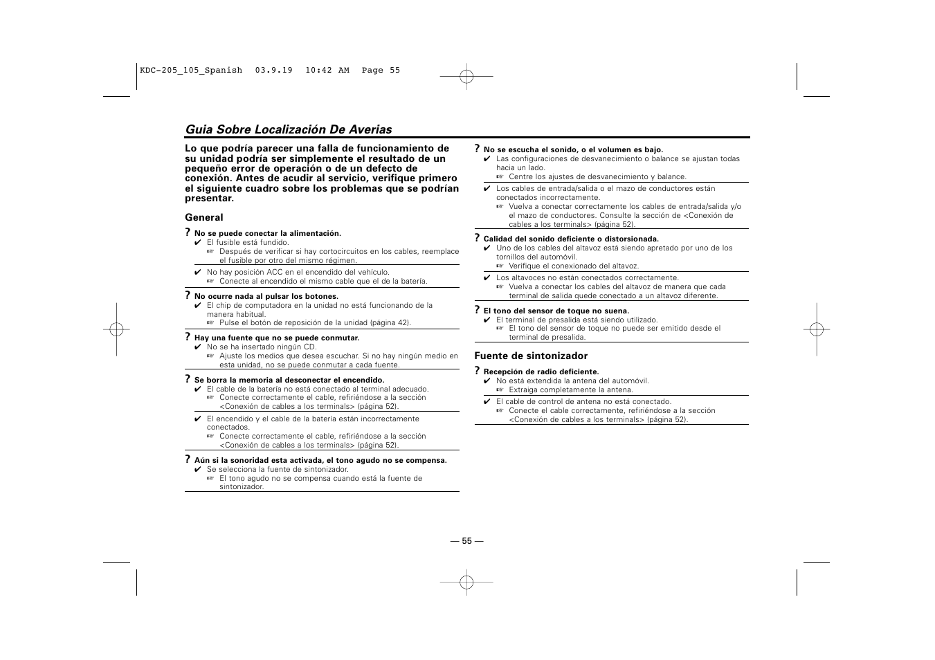 Guia sobre localizacion de averias, Guia sobre localización de averias | Kenwood KDC-205 User Manual | Page 55 / 76