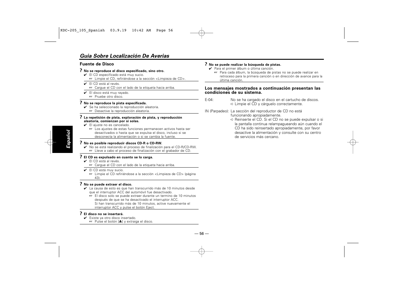 Guia sobre localización de averias | Kenwood KDC-205 User Manual | Page 56 / 76